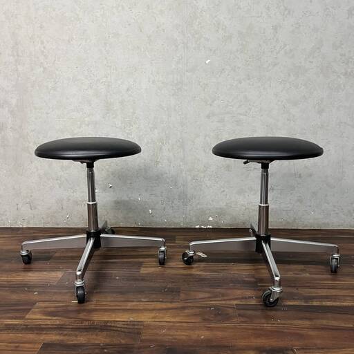 WY10/55 KOKUYO コクヨ 製図用イス CR-FG7N 2脚セット 作業用 丸椅子 回転 昇降 キャスター 円形 スツール ブラック レザー◆