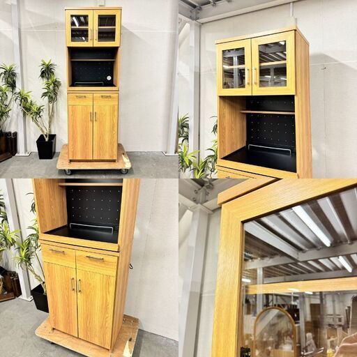 15603 ジェイ・ケイ・プラン 2枚ガラス扉キッチンボード 食器棚 ◇大阪市内・東大阪市他 5,000円以上ご購入で無料配達いたします！◇  ※京都・高槻・枚方方面◇神戸・西宮・尼崎方面◇奈良方面、大阪南部方面 それぞれ条件付き無料配送あり！ - 食器棚、キッチン収納