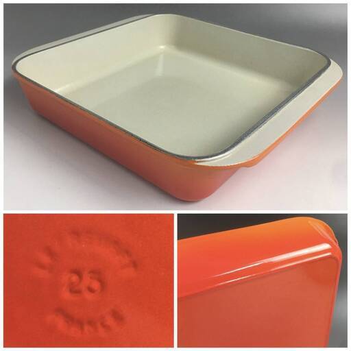 UNY7/63 フランス製 ル・クルーゼ LE CREUSET 25㎝ スクエア 四角 ホーロー 鋳物 オレンジ グラタン皿 ディッシュ ラザニア 鍋 耐熱〇