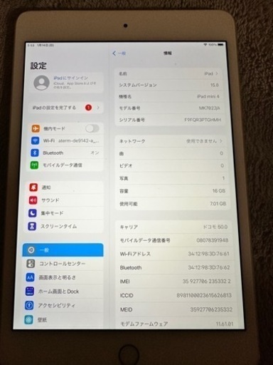 iPad mini 4 世代　16GB セルラーモデル　Wi-Fi+Cellular　docomo 判定○