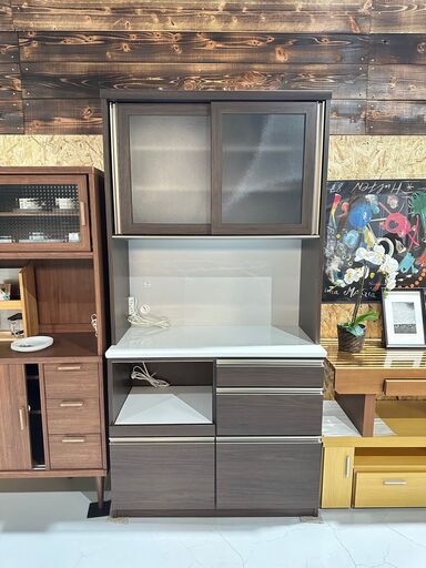 ★レンジボード★ 食器棚 キッチンボード W99.5cm ブラウン ウォルナット風 オシャレ キッチン収納 スリム
