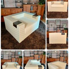 (2312B)ガーデンソファ◆1P◆2台◆ホワイト◆アームテーブル付き◆背もたれクッションなし