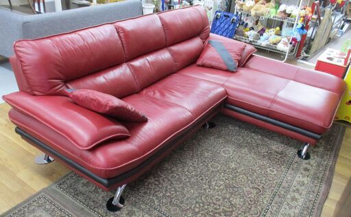 R218 NITORI ニトリ 人気 3人掛け 本革カウチソファ クッション2個付き USED