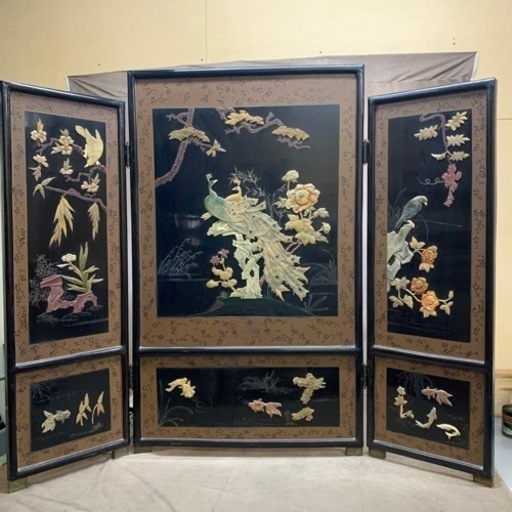 衝立 屏風 豪華絢爛 中国 3面衝立(木製) 玉石彫刻(6面) 「花・鳥 ・魚図」 ２ヶ所キズあり 中古
