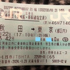 1/22 17:10発 秋田-東京 新幹線乗車券指定席券