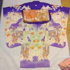 七五三7歳祝着物正絹フルセットアンティーク青紫五つ紋錦紗縮緬子供用袋帯