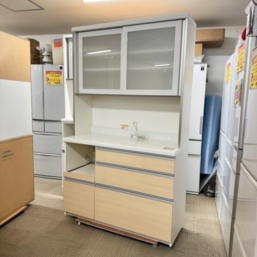 【超美品‼️】パモウナ 120cm幅キッチンボード 食器棚 収納家具 艶あり木目調ブラウン♪