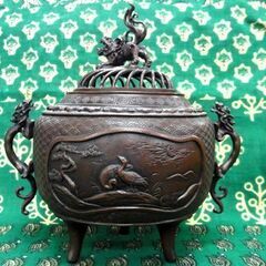 高岡銅器 米田秀保作 鋳銅 香炉 龍耳獣摘 三足香炉 蝋