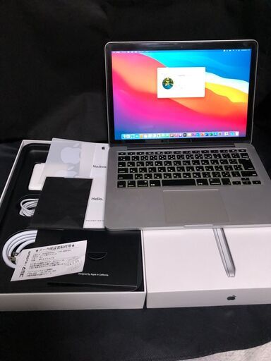 「MacBook Pro Retina 13インチ Mid 2014 MGX72J/A」高細密Retinaディスプレイ搭載 / Core i5搭載 /メモリー8GB / SSD-128GB / MacOS(BigSur)とOffice2019・Bootcamp側はWin11ProとOffice2010で選択起動可能 / Webカメラ / Bluetooth / 無線LAN / バッテリー使用可/ 箱入りフルセット中古品
