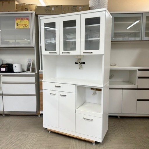 【美品‼️】展望株式会社 100cm幅キッチンボード 食器棚 収納家具 鏡面仕上げホワイト♪