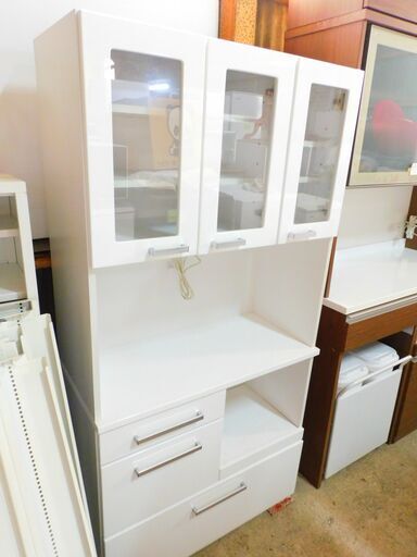 湯川家具 キッチンボード レンジボード 食器棚 ホワイト 幅90 奥行42 高さ180