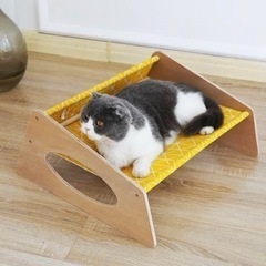 値下げOK❣️イエロー＆ストライプ ペットベッド猫用ハンモック 木製