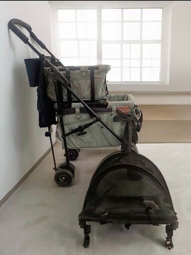 デニム生地　2段のマザーカート　ペット用品　お出かけ用