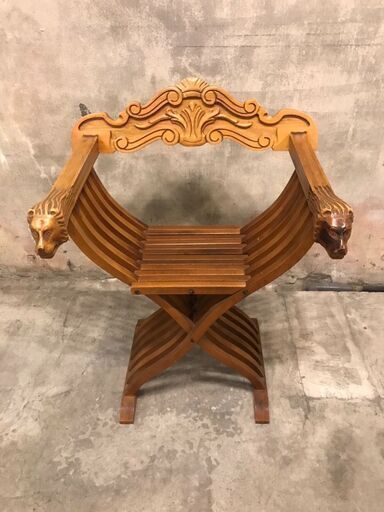 木製 サヴォナローラチェア 折り畳み式 アンティーク調 ライオン装飾 ブラウン 木製 サヴォナローラチェア 折り畳み式 アンティーク調 ライオン装飾