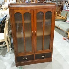 木製ガラス扉キャビネットアンティーク 昭和レトロ｜鍵欠品｜ガラス扉｜キャビネット