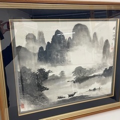 レトロ 絵 石公 水墨画 灘江畑雨 山水図 絵画 中国絵 額縁 ...