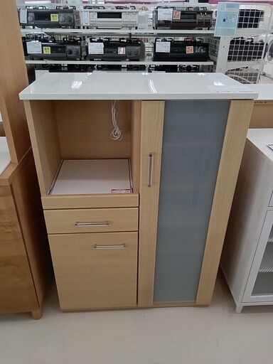 ★ジモティ割あり★  レンジボード ホワイト＆ベージュ（木目調） W80×D40×H115 クリーニング済み TC1368