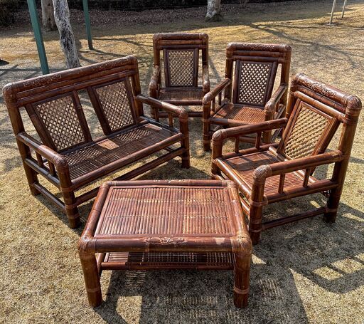 群馬県内無料配送！ ビンテージ インドネシア バリ島 バンブー家具 全5点セット ベンチ 2人掛け チェアー 3脚 センターテーブル