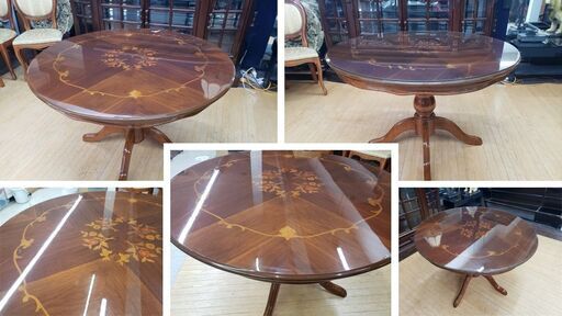 イタリア製 木製円形テーブル ガラス天板