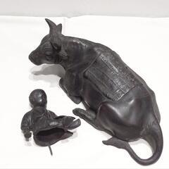 晃一】 牛乗り童子 子供 ブロンズ像 銅像 金属工芸 置物 動物 人 オブジェ