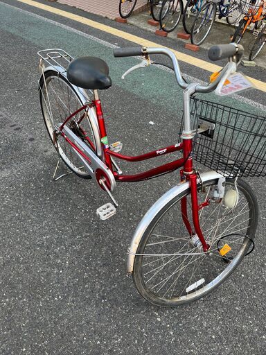 リサイクルショップどりーむ天保山店　No1030 自転車　ママチャリ　赤色　LEDオートライト付き　カゴ付き　荷台付き　27インチ