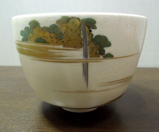 茶道具 清閑寺窯 杉田祥平造 色絵滝の音画 茶碗 共箱あり 京焼 清水焼