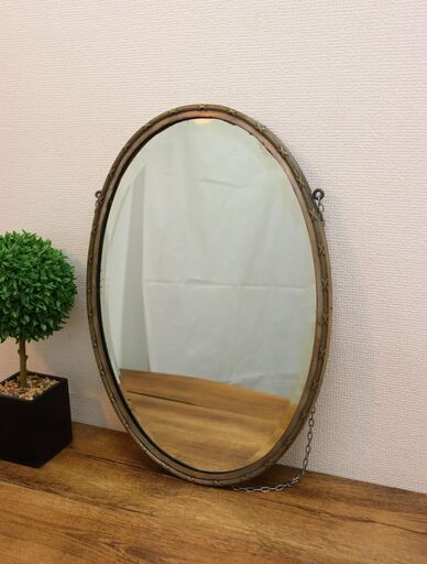 ≪J1291ジ≫吊り鏡 ミラー/鏡 楕円形/楕円型 アンティーク調 ビンテージ/ヴィンテージ 壁掛け インテリア メーカー不明 現状品
