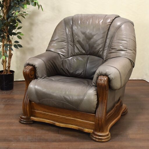 ≪zyt1323ジ≫ ダッチカントリー 1人掛け本革ソファ スタッズ ベルギー/オランダ家具 アンティーク調/ヴィンテージ家具 60203-11