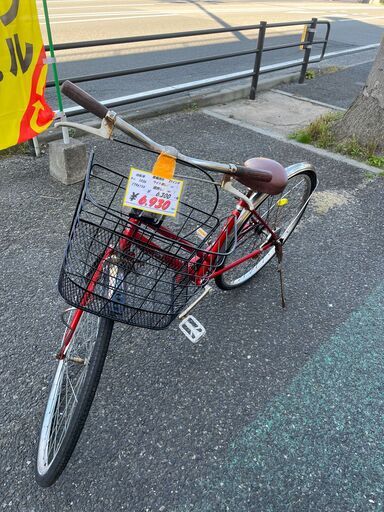 リサイクルショップどりーむ天保山店　No1036　自転車　ママチャリ　赤色　カゴ付き　チョイノリ用