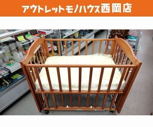 ヤマサキ ベビーベッド マットレス付き 73×104.5㎝ ブラウン系 木製  新生児 赤ちゃん ベビー用品 西岡店
