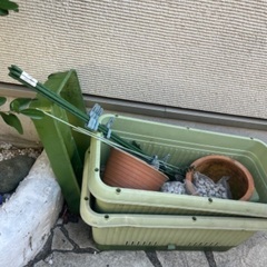 中型プランター2個、陶器の白い植木鉢、プラスチックの植木鉢2個