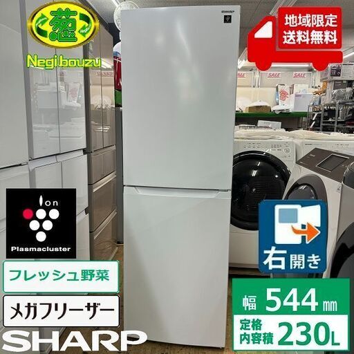 地域限定送料無料　超美品【 SHARP 】シャープ 230L 2ドア 冷凍冷蔵庫 メガフリーザー　プラズマクラスターイオン フレッシュ野菜ケース SJ-BD23K
