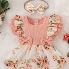 おまけ付き　ベビー服　花柄スカート　ロンパース　リボンカチューシ...