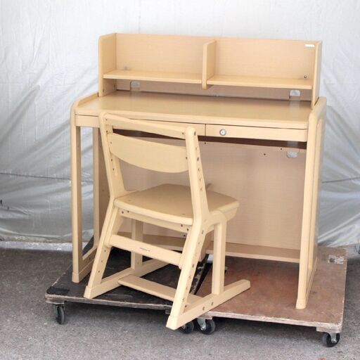 T767) okamura 学習デスク チェア/本棚/ライト3点セット 幅100cm 865Z1B オカムラ 幅100cm 天然木 無垢材 事務 子供 家具 勉強