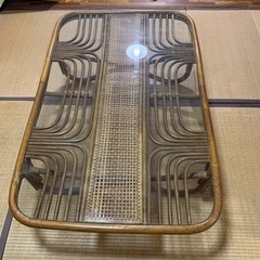 ラタン　ガラス天板　藤テーブル