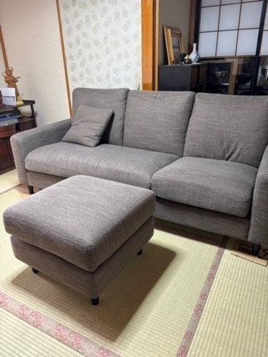 中古　ソファー　３人掛け　布張り　オットマン付き