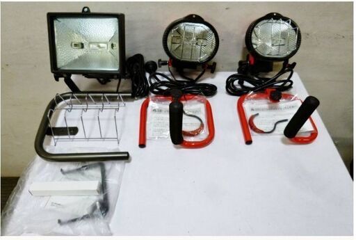 ハロゲン投光器3台セット　500W＆250W×2　動作良好　LIFLEX／LFX-30-022 CHECK IN KOBO／CW-258S　作業灯　DIY　工具　照明　ハロゲン球
