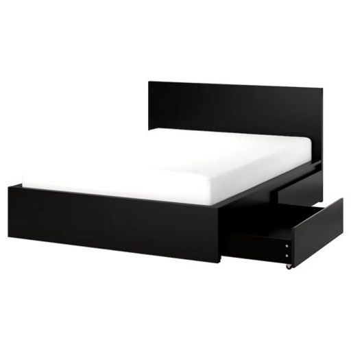 収納付き！　MALM マルム ベッドフレーム 収納ボックス2個付き, ブラック　160x200 cm すのこ付き