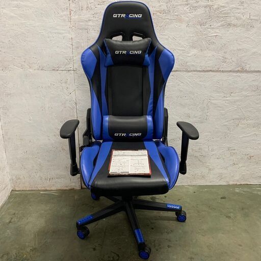 【GTRacing】 ゲーミングチェア オフィス リクライニング ハイバック ヘッドレスト ランバーサポート 肘置き付 高さ調整 ブルー GT002