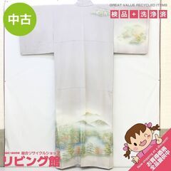 ss6096 着物 訪問着 ライトグレー系 山水画 風景 淡色 多色使い 青み