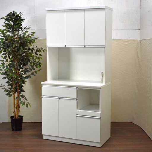 ≪yt1170ジ≫ ニトリ キッチンボード RESUME/レジューム 90TF-H WH 白系 幅90cm 高さ190cm 食器棚/レンジボード 60203-02