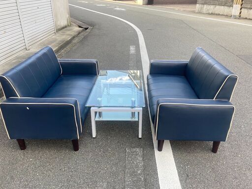 ☆中古￥9,800！ソファとガラステーブルセット　家具　【BC020】