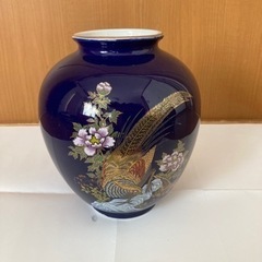 高松窯　コバルトブルー　花瓶　椿　鳳凰　藍色　和柄　陶器
