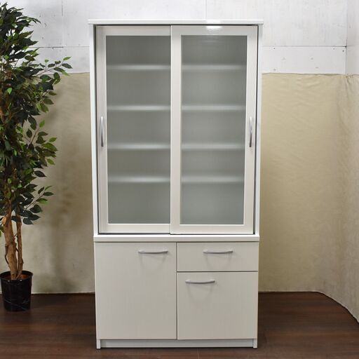 【ジモ取引終了4/26】≪yt1172ジ≫ nitori/ニトリ 食器棚 ルイス2 ホワイト 幅88cm 奥行46cm 高さ175cm 一体型/スリム/シンプル/新生活 60302-01