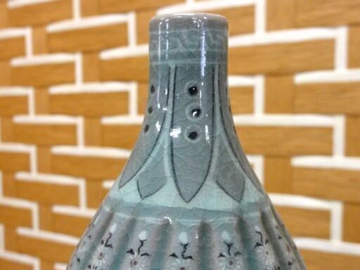 韓国人間文化財 初代 柳海剛 柳根瀅 高麗青磁 瓢型象嵌花文大花瓶 銘有