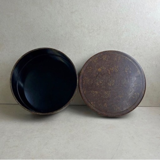 k1215501 漆器 唐塗 伝統工芸品 茶びつ 曲げわっぱ 和食器 木 小物入れ 昭和レトロ アンティーク 当時物 現状品 中古品 茶道具 丸盆 茶盆
