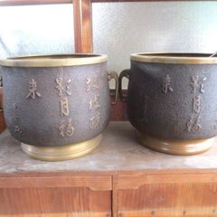 時代物 蜻耳火鉢 2点セット 火箸 灰付き 漢文 在銘 雲峯 漢詩 月 梅の図 手炙り 茶道具 蜻蛉耳 金属工芸 宣徳銅