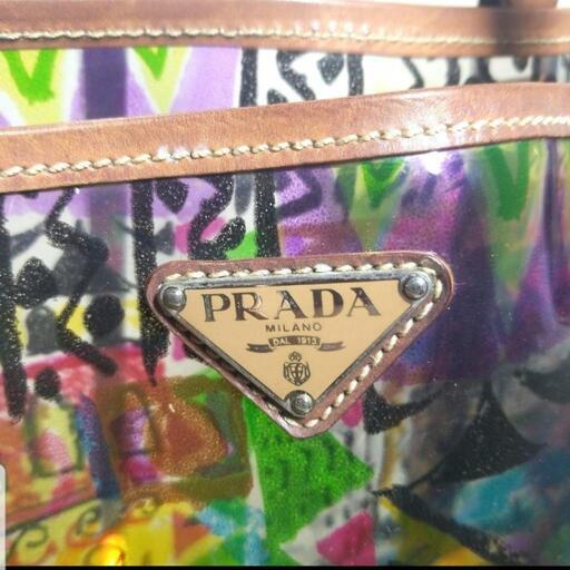 PRADA　プラダ ベネチア柄 レザー×PVC クリア トートバッグ プレート