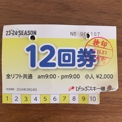 ぴっぷスキー場リフト券小人10回分2000円分　比布スキー場