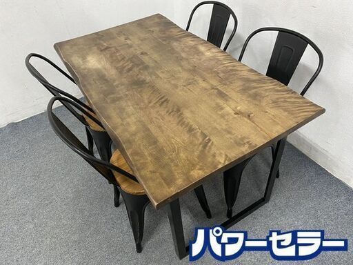 4人掛けダイニングテーブルセット 無垢材 アイアン脚 ブラック  4人用 幅135cm 北欧 モダン 天然木 木製 中古家具 店頭引取歓迎 R8069